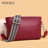 Cowhide Female Messenger Bag with Wide Fabric Strap