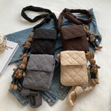 Soft Flap Shoulder Bag with Rabbit Toys Rhombic Lattice Small Underarm Bag