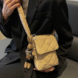 Soft Flap Shoulder Bag with Rabbit Toys Rhombic Lattice Small Underarm Bag