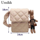 Rhombic Lattice Crossbody Bag with Rabbit Toy, Casual Cotton Soft Bag