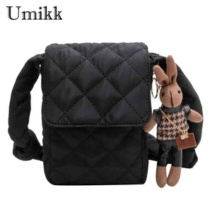 Rhombic Lattice Crossbody Bag with Rabbit Toy, Casual Cotton Soft Bag