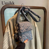 Rhombic Lattice Crossbody Bag with Rabbit Toy, Casual Cotton Soft Bag