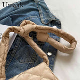 Rhombic Lattice Crossbody Bag with Rabbit Toy, Casual Cotton Soft Bag