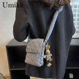 Rhombic Lattice Crossbody Bag with Rabbit Toy, Casual Cotton Soft Bag