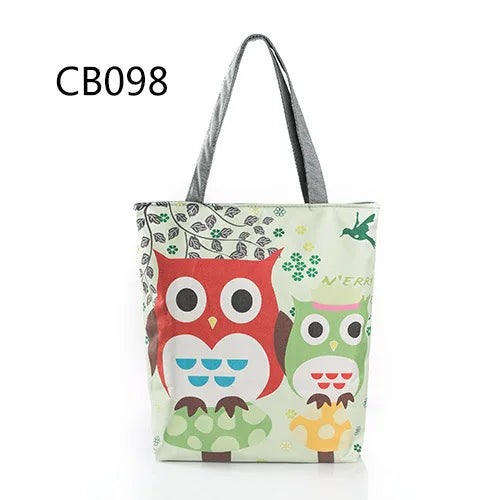 Floral & Owl Print Women's Casual Tote Bag - Shoulder Handbag