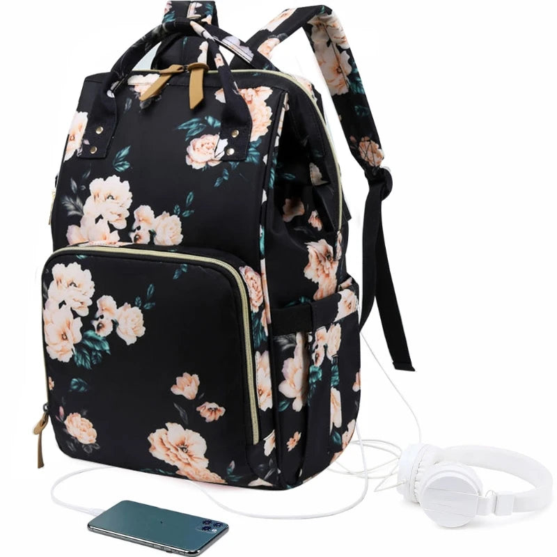 Floral Diaper Bag Backpack Large Baby Bag Multi-functional Travel Back Pack