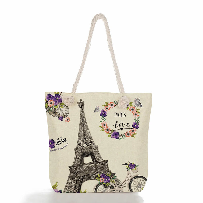 Floral Eiffel Tower Print Handbag High Capacity Storage Shopping Bag