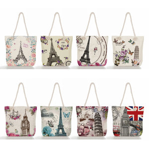 Floral Eiffel Tower Print Handbag High Capacity Storage Shopping Bag