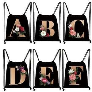 Floral Letters Backpack Women Shoulder Bags Drawstring Bag