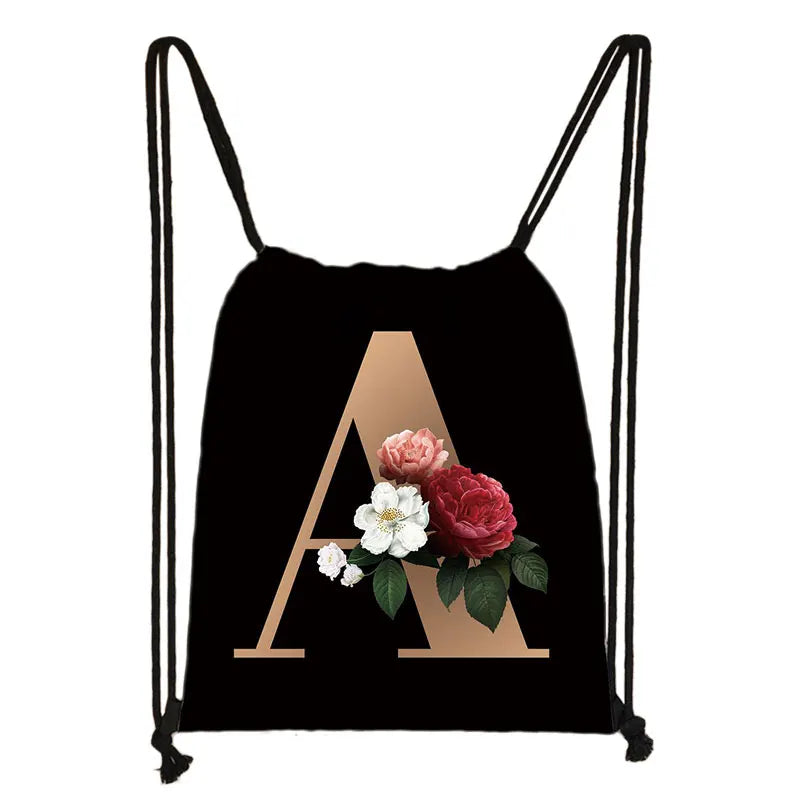 Floral Letters Backpack Women Shoulder Bags Drawstring Bag