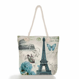 Floral Linen Totes Eiffel Tower Handbags High Capacity Shoulder Bag