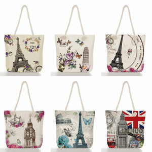 Floral Linen Totes Eiffel Tower Handbags High Capacity Shoulder Bag