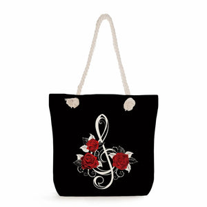 Floral Note Print Beach Bag Red Rose Tote Travel Ladies Shoulder Bag