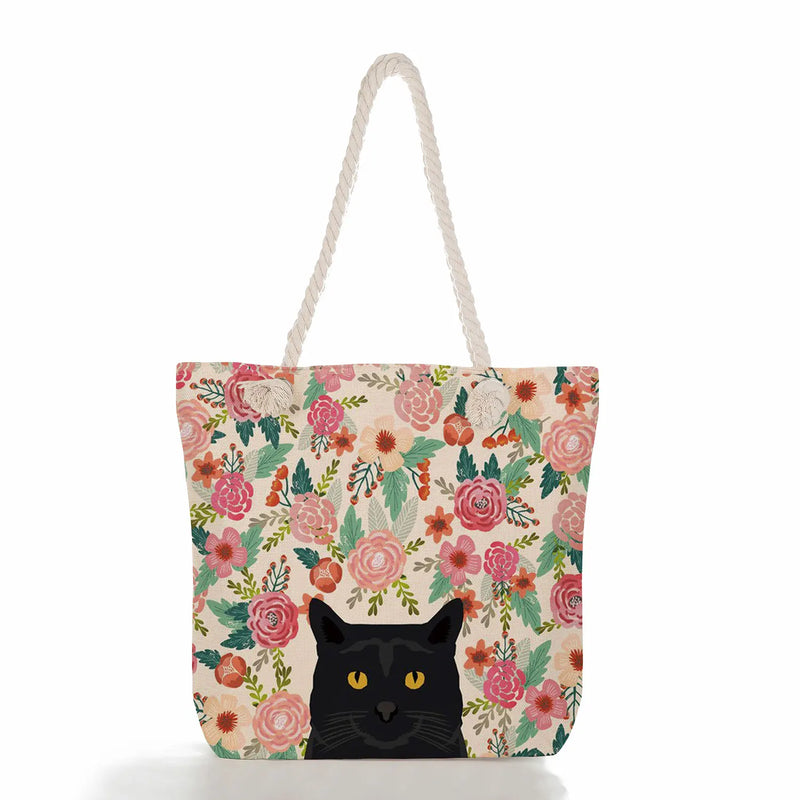 Floral Pet Dog Cat Print Tote Bags Women Handbags Large Casual Linen