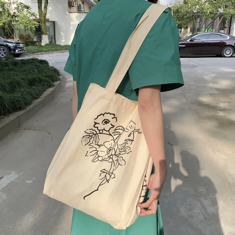 Floral Print Shoulder Bag Women Canvas Large Capacity Bookbag