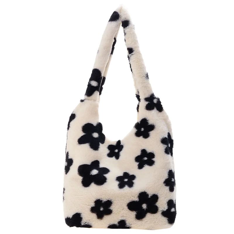 Flower Animal Pattern Shoulder Bag Plush Handbag Winter Vintage