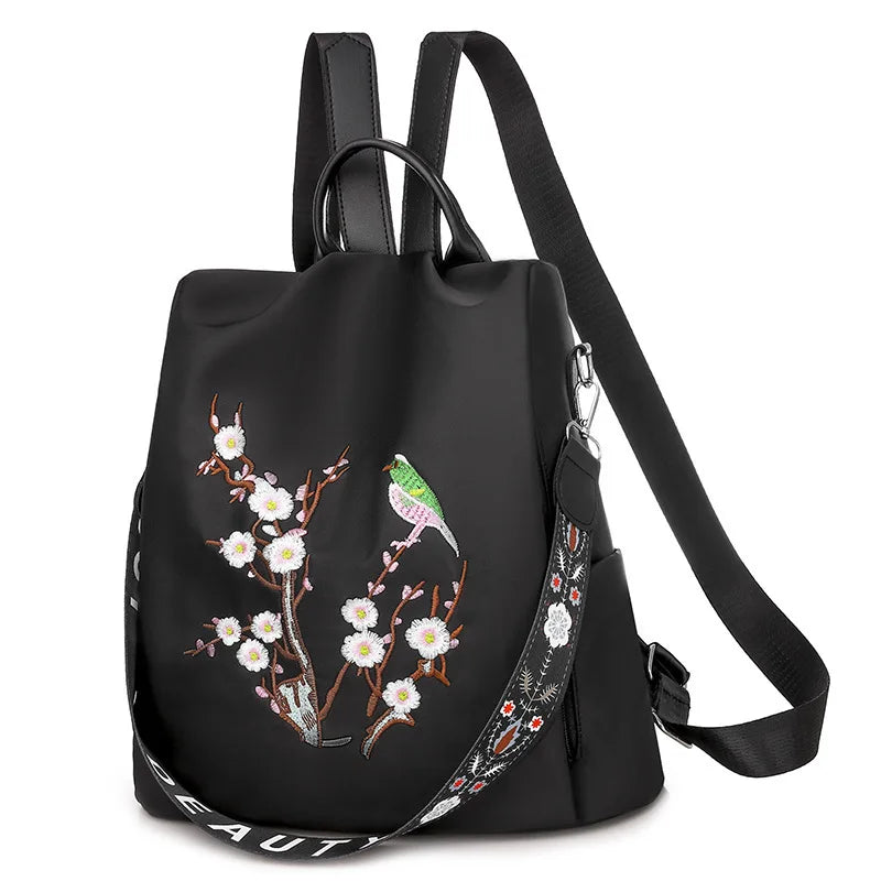 Flower Embroidery Backpack Women Travel Anti-theft School Bags