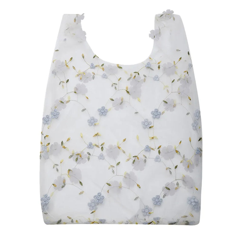 Flower Embroidery Hand Bag Organza Casual Foldable Recycle Shopping Bag