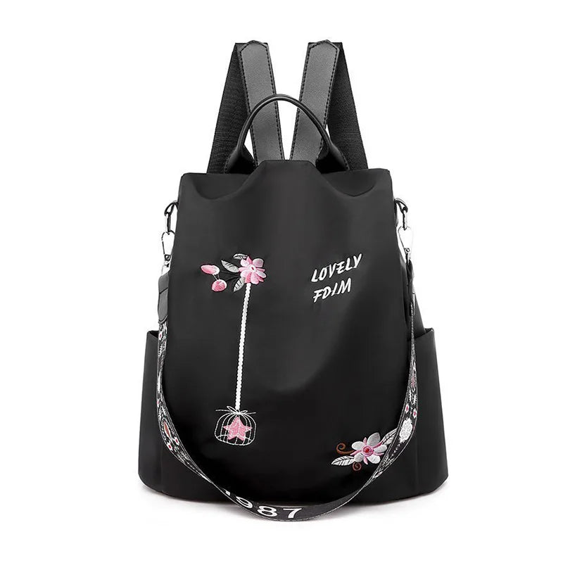 Flower Embroidery Oxford Women Backpack Waterproof School Handbag