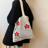 Flower Hollow Shoulder Bag Knitted Shopping Totes Handbag Braid Armpit Bag