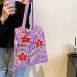 Flower Hollow Shoulder Bag Knitted Shopping Totes Handbag Braid Armpit Bag