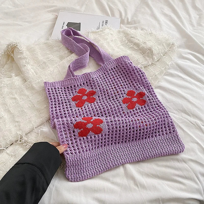 Flower Hollow Shoulder Bag Knitted Shopping Totes Handbag Braid Armpit Bag