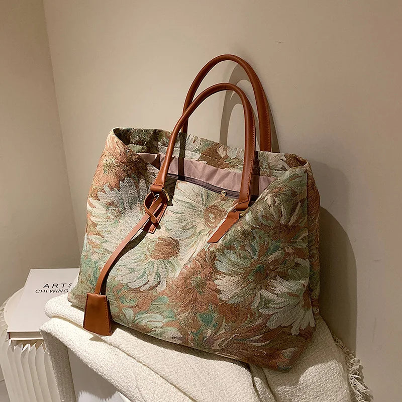 Flower Oil Painting Tote Bag Winter Canvas Women's Handbag