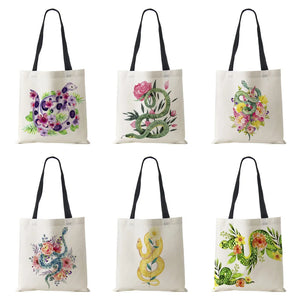 Flower Snake Women Shoulder Bag Harajuku Canvas Shopper Tote Bag