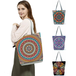 Flower Tote Bags Women Eco Reusable Shopping Bag Foldable Geometry Floral Print