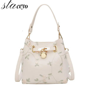 Flowers Embroidery Bucket Crossbody Bag for Women