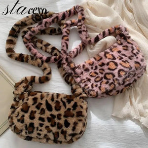 Leopard Print Handbag Small Crossbody Bag Women Plush Soft