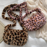 Leopard Print Crossbody Bag Women Soft Plush Handbag