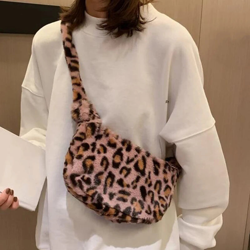 Leopard Print Crossbody Bag Plush Soft Shoulder Messenger Bag