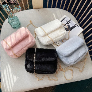 Fluffy Shoulder Bags Women Solid Crossbody Cover Flap Candy Winter Handbags