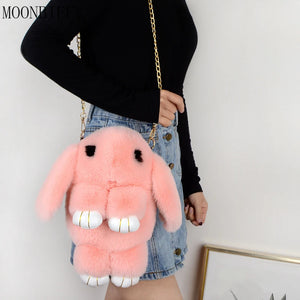 Fluffy Stuffed Bunny Shoulder Bag Plush Backpack Rabbit Fur Pompoms Chain Bag
