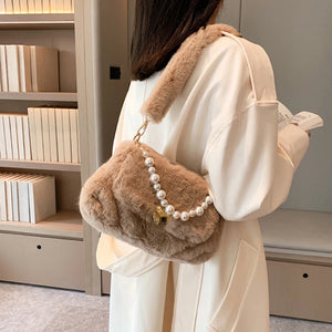 Fluffy Women Shoulder Bag with Pearls Chain