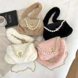 Fluffy Women Shoulder Bag with Pearls Chain