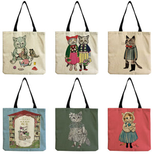 Cartoon Cat Print Beach Tote Bag Eco-Friendly Handbag for Women