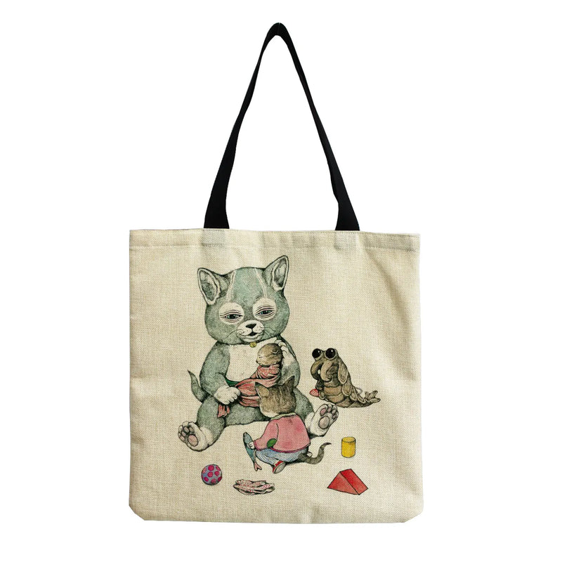 Cartoon Cat Print Beach Tote Bag Eco-Friendly Handbag for Women