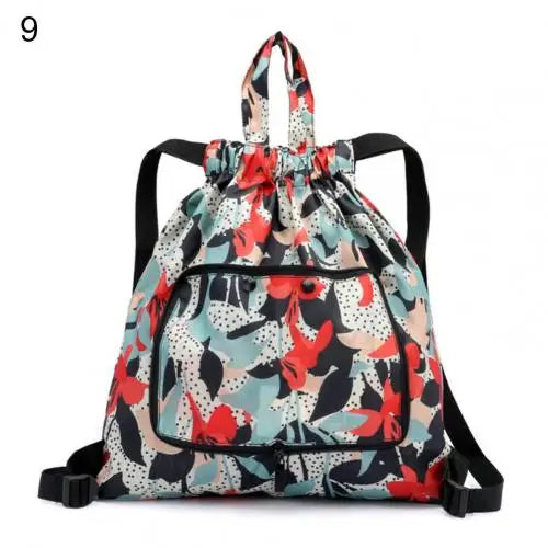 Flower Print Nylon Drawstring Backpack Handbag for Shopping