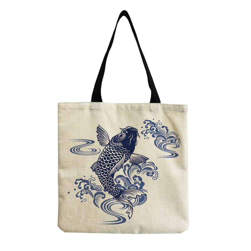 Foldable Large Capacity Chinese Style Koi Ladies Shopping Bag Travel Handbag