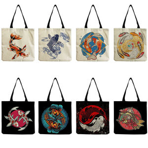 Foldable Large Capacity Chinese Style Koi Ladies Shopping Bag Travel Handbag