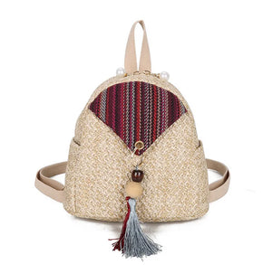 Folk Style Straw Bead Fringe Backpack