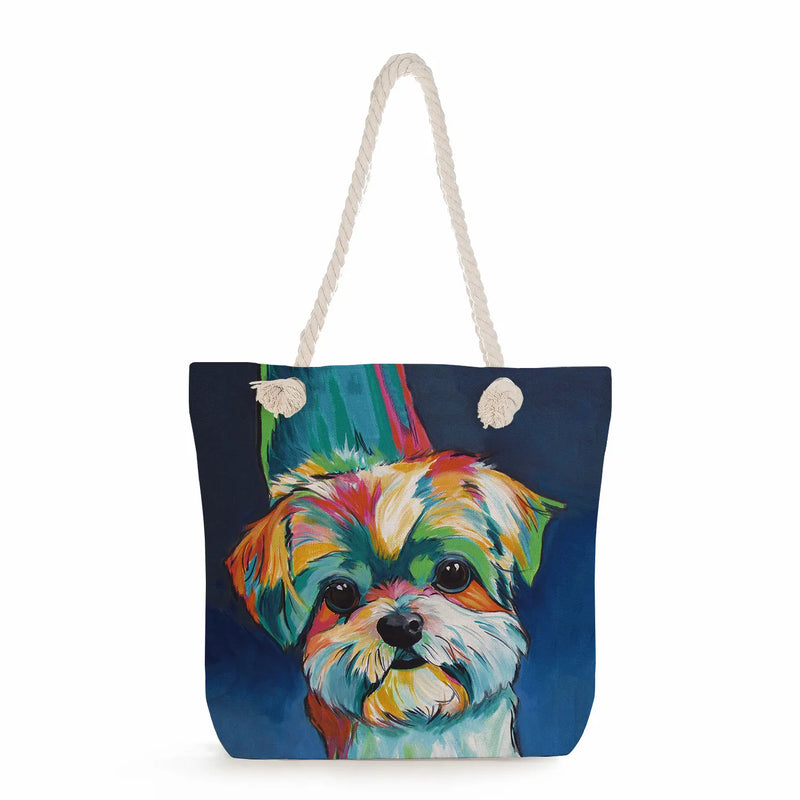 Oil Painting Dog Print Women Handbag Large Capacity Shoulder Bag