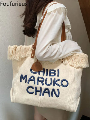 Canvas Tassel Tote Bags Women Handbag Embroidery Shoulder Bag
