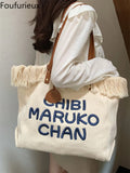 Canvas Tassel Tote Bags Women Handbag Embroidery Shoulder Bag