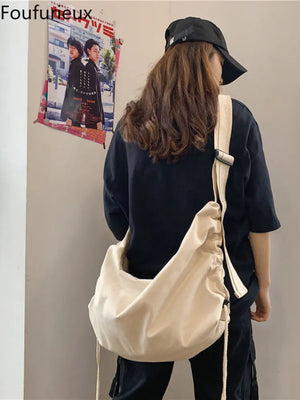 Harajuku Casual Women Canvas Tote Bag Large Capacity Shoulder Bag Crossbody Bags
