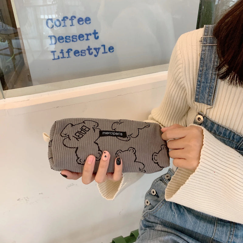 Japanese Retro Corduroy Pencil Case Baby Bear Stationery Storage Bag