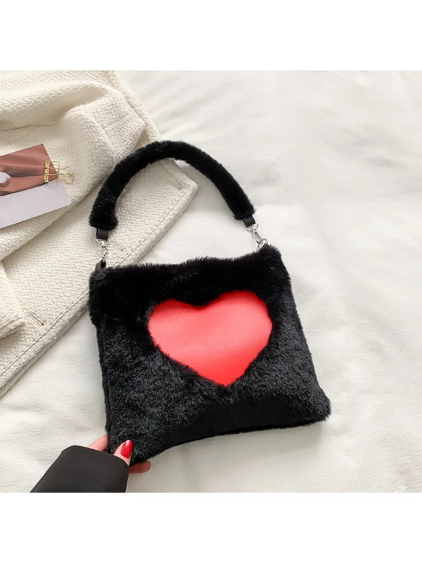 Fluffy Winter Big Shoulder Bag Love Heart Pattern Soft Plush Warm Fur Tote