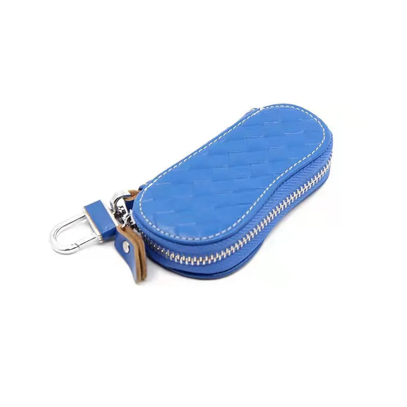 Classic Checkered Car Key Bag, PU Leather Zipper, Versatile Short Key Bag